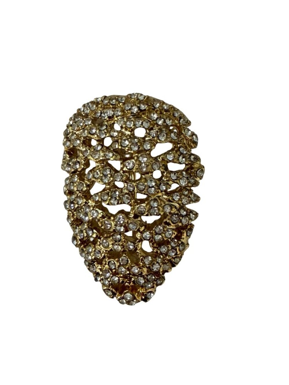 Vintage Gold Tone Rhinestone Leaf Brooch Openwork Pave Crystal Statement Pin